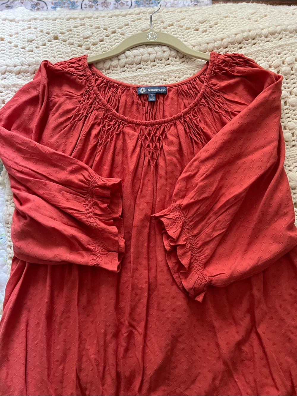 Democracy Coral Smocked Neck Peasant Blouse - Picture 10 of 13